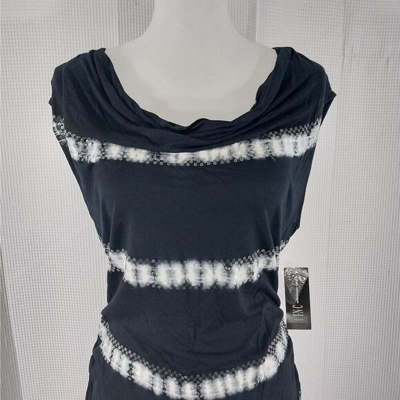 NWT! INC! BLACK & WHITE TYE-DYED SEQUIN TRIMMED DRAPEY NECK TOP, SHIRT! SZ XL - Picture 3 of 9